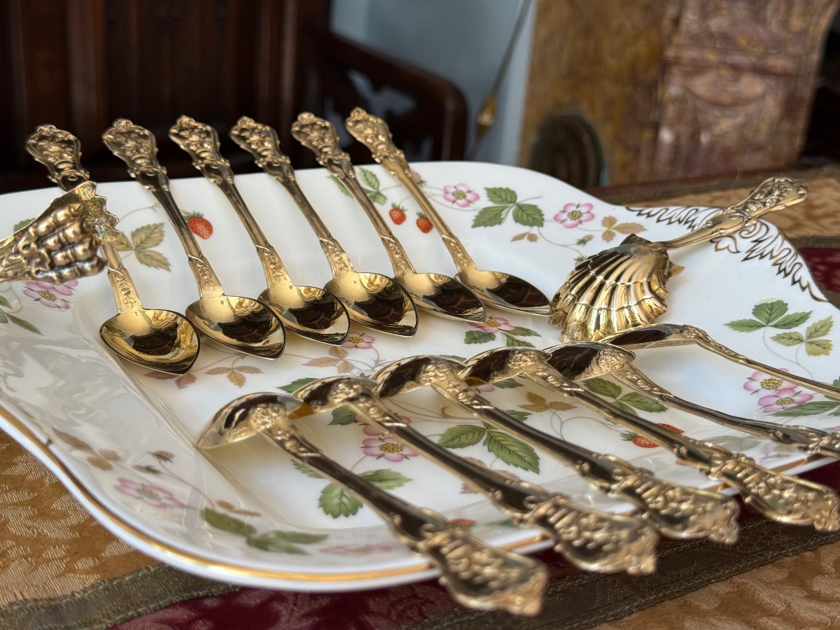 Set Of Twelve Pointed Spoons Made Of Solid Silver With A Vermeil Finish - Minerva Hallmark - France