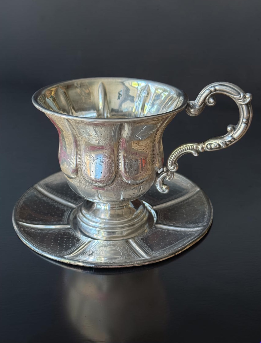 Solid Silver Cup And Saucer, France, Late 19th Century—minerva I Hallmark And Silversmith’s Hallmark