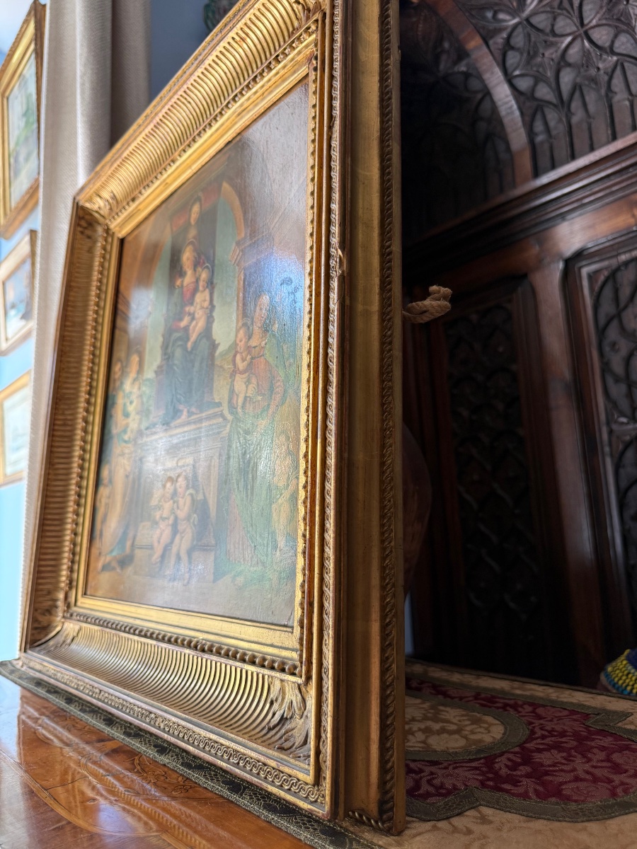 Huile sur bois XIXᵉ d’après Pérugin – « La Famille de la Vierge »-photo-3