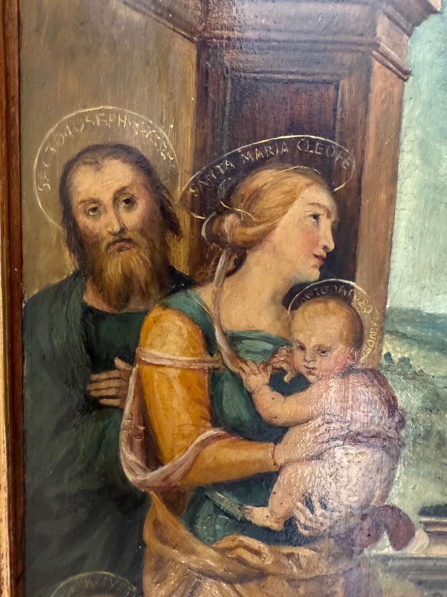 Huile sur bois XIXᵉ d’après Pérugin – « La Famille de la Vierge »-photo-4