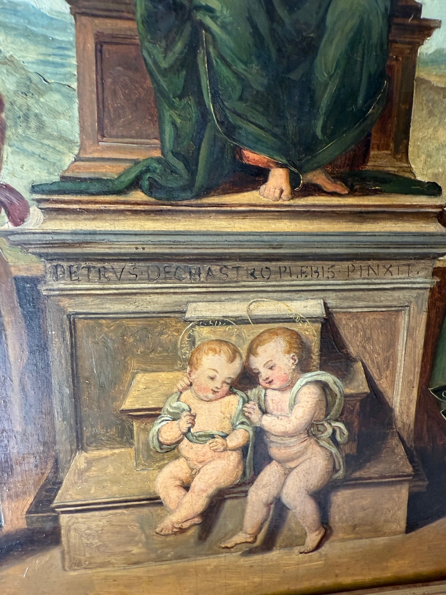 Huile sur bois XIXᵉ d’après Pérugin – « La Famille de la Vierge »-photo-2