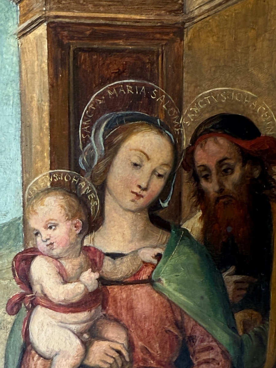 Huile sur bois XIXᵉ d’après Pérugin – « La Famille de la Vierge »-photo-3