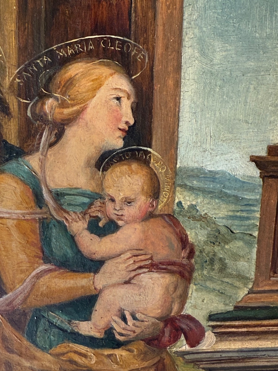 Huile sur bois XIXᵉ d’après Pérugin – « La Famille de la Vierge »-photo-4