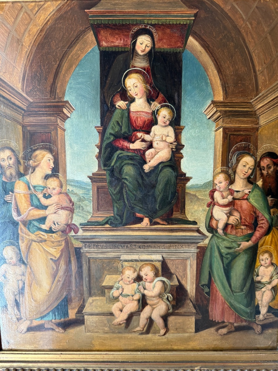 Huile sur bois XIXᵉ d’après Pérugin – « La Famille de la Vierge »-photo-5