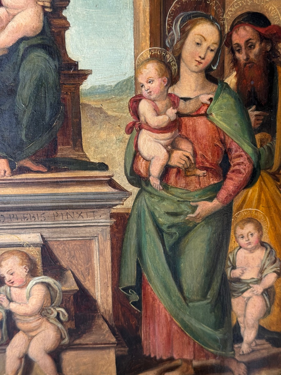 Huile sur bois XIXᵉ d’après Pérugin – « La Famille de la Vierge »-photo-6