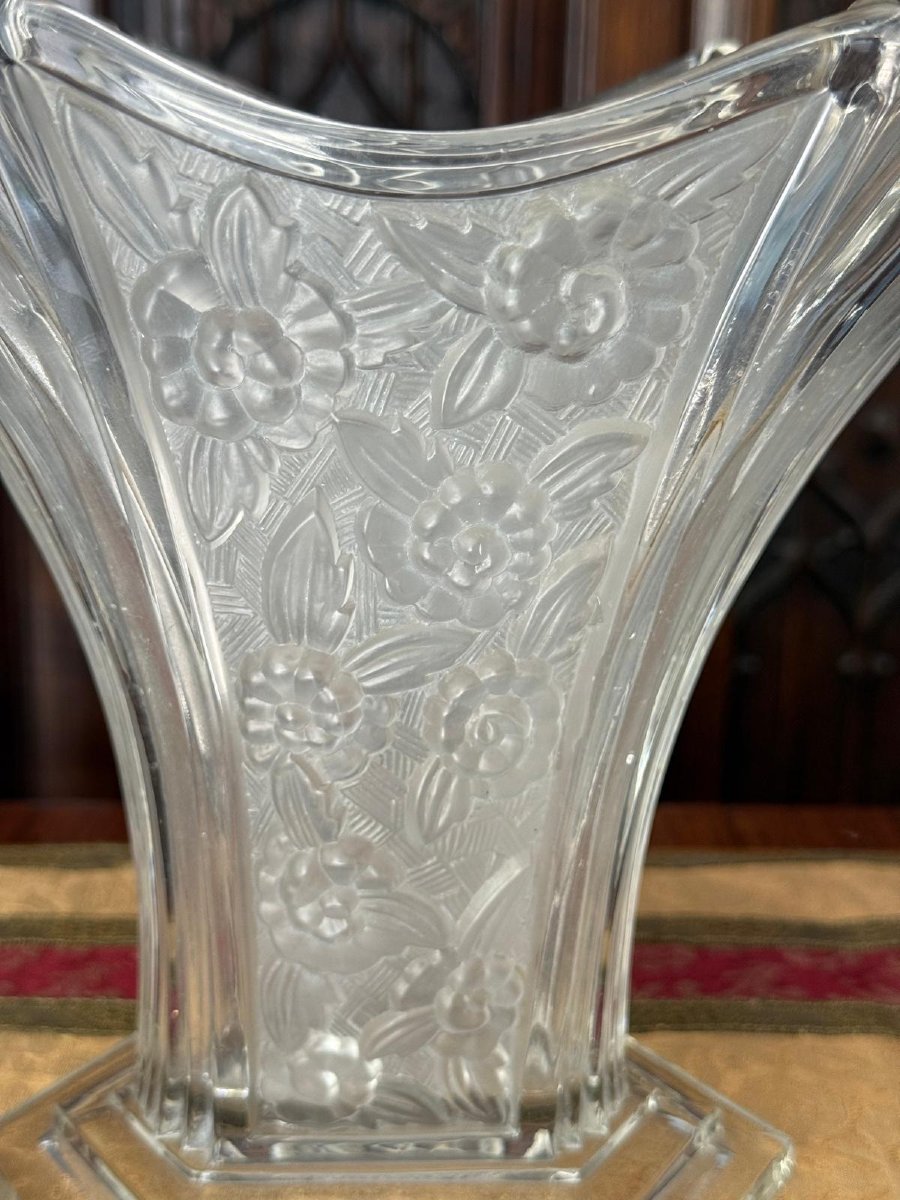 Molded, Frosted Glass Vase With Floral Decoration, Czechoslovakia, Circa 1930.-photo-2