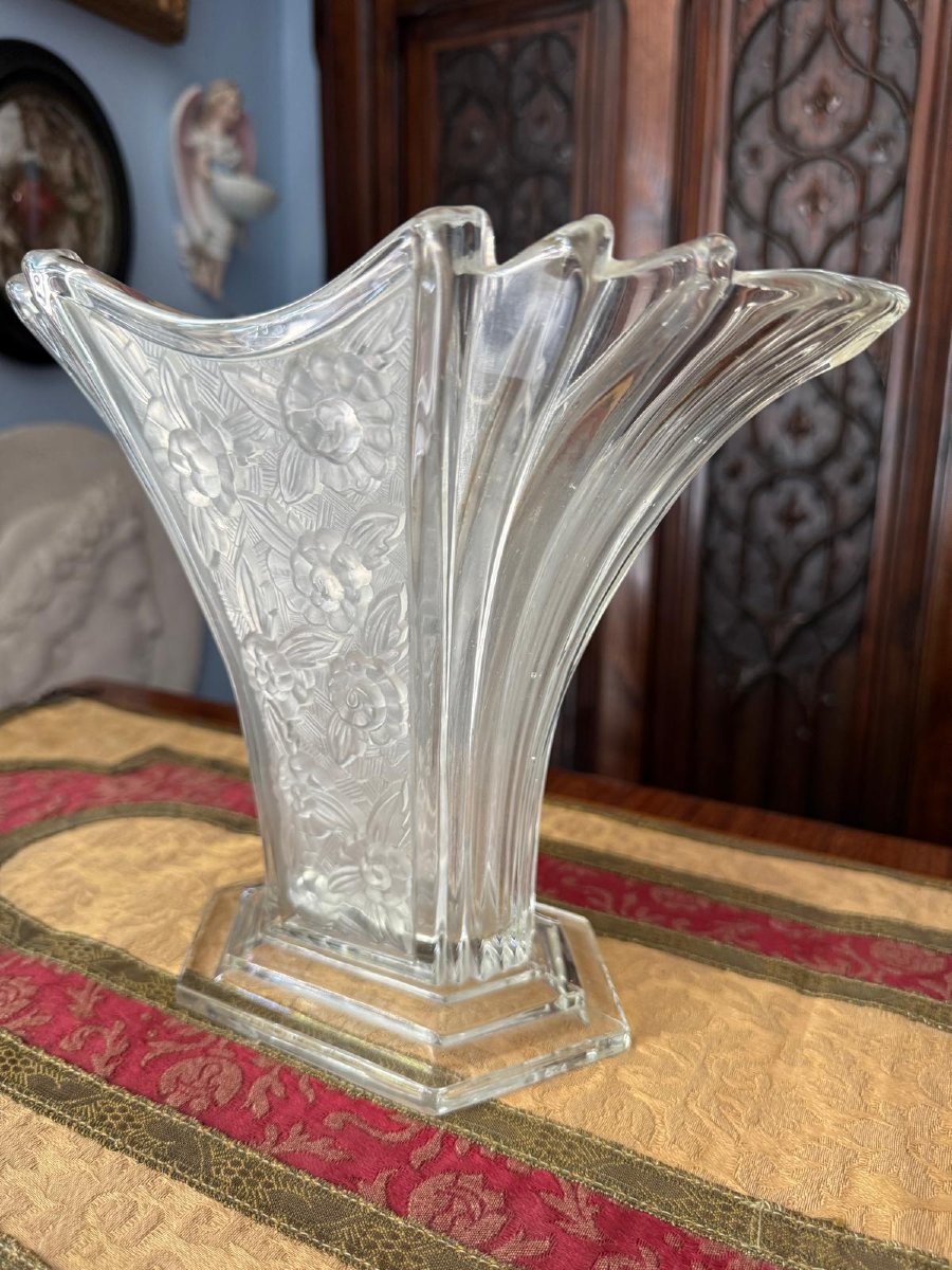 Molded, Frosted Glass Vase With Floral Decoration, Czechoslovakia, Circa 1930.-photo-1