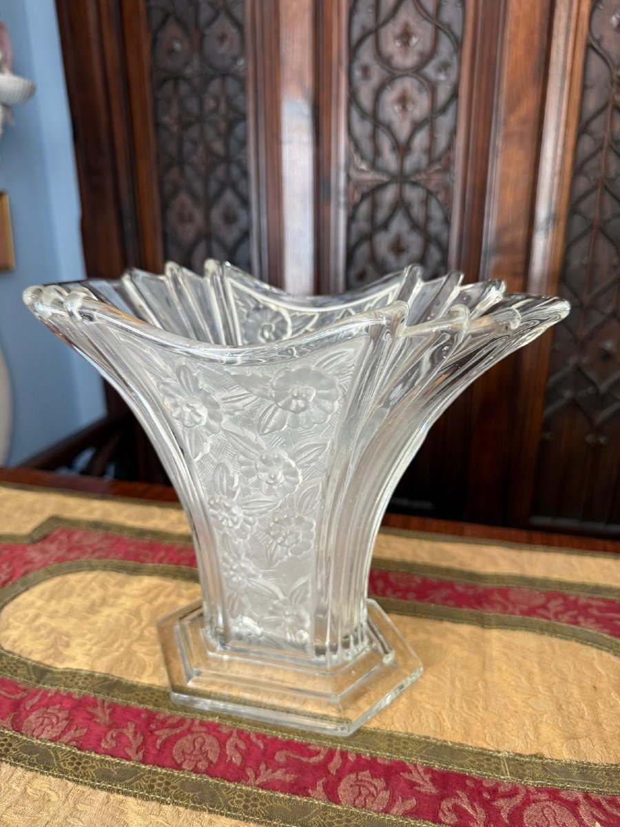 Molded, Frosted Glass Vase With Floral Decoration, Czechoslovakia, Circa 1930.-photo-6