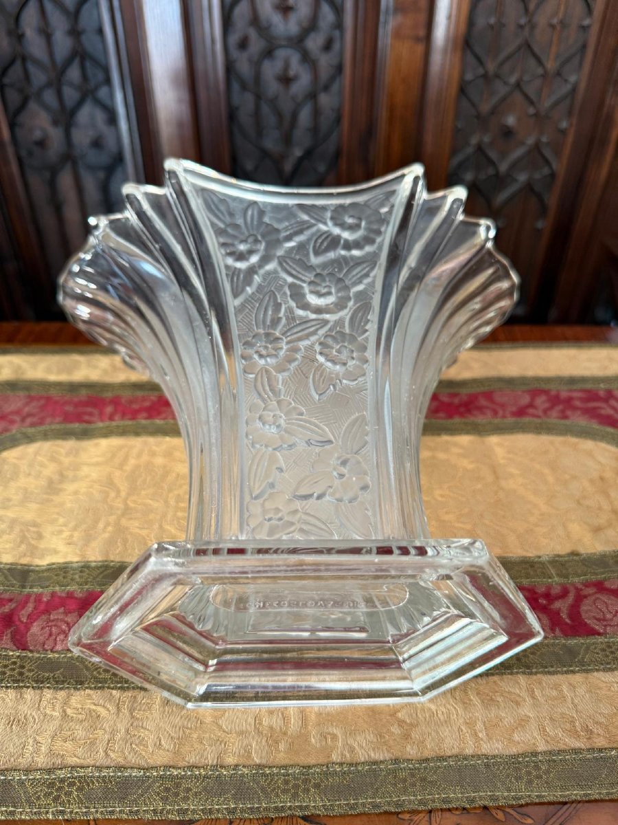 Molded, Frosted Glass Vase With Floral Decoration, Czechoslovakia, Circa 1930.-photo-7