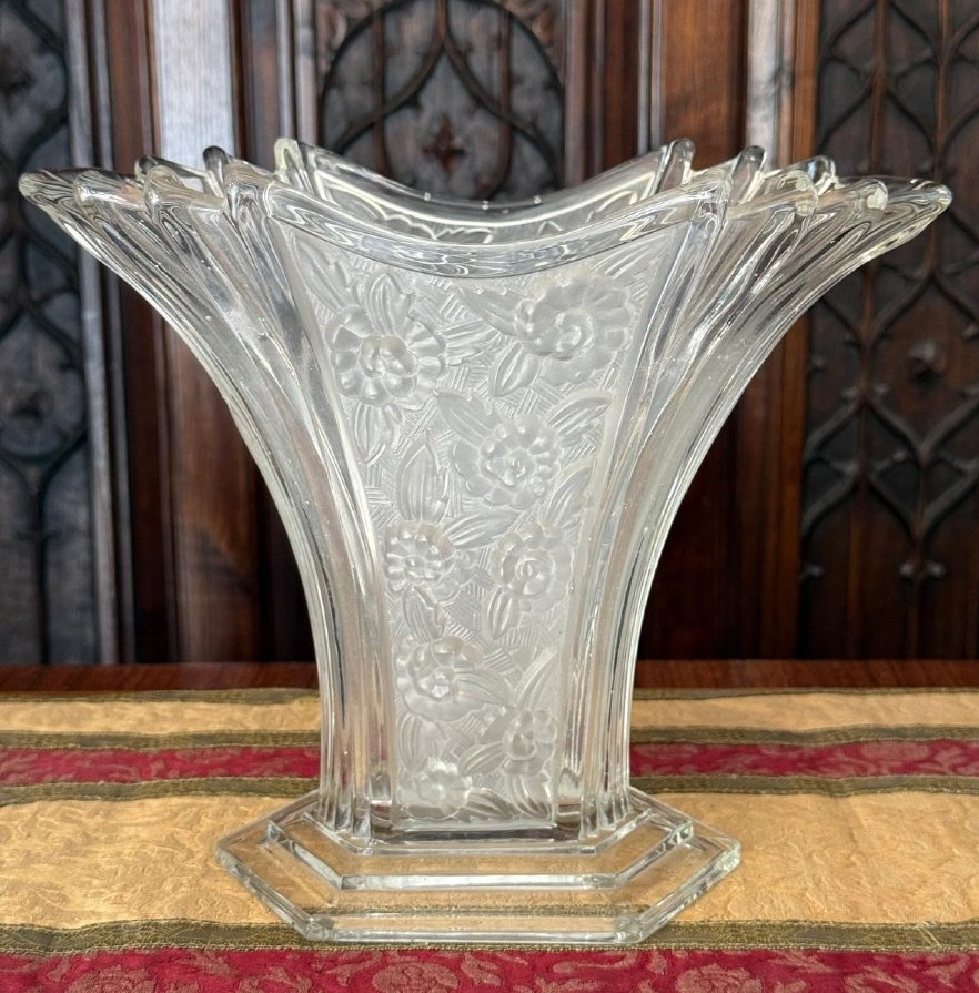 Molded, Frosted Glass Vase With Floral Decoration, Czechoslovakia, Circa 1930.