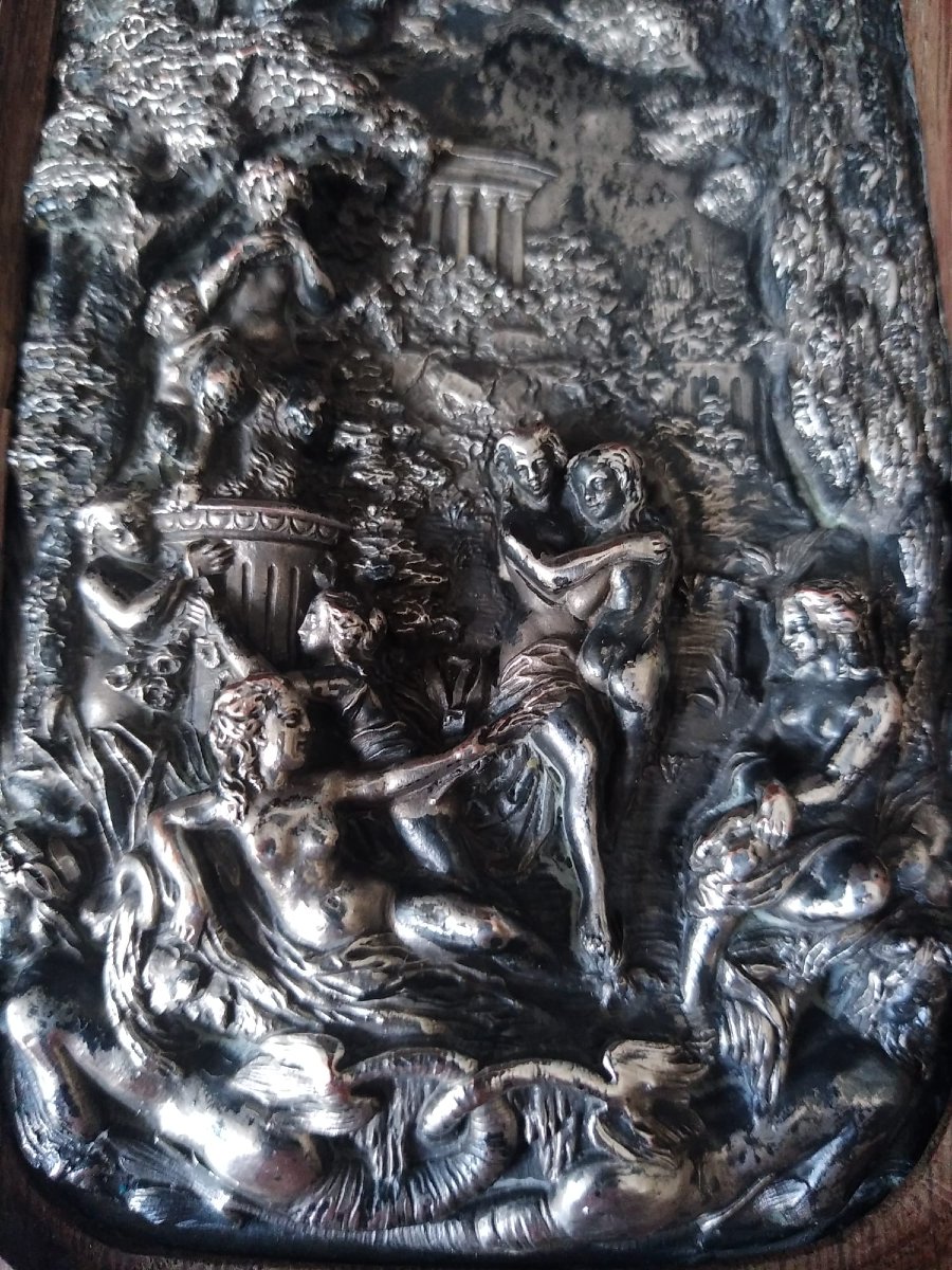 Pair Of Silver-plated Repoussé Copper Plaques, 19th Century, Oak Frame, 11 × 18 Cm-photo-2