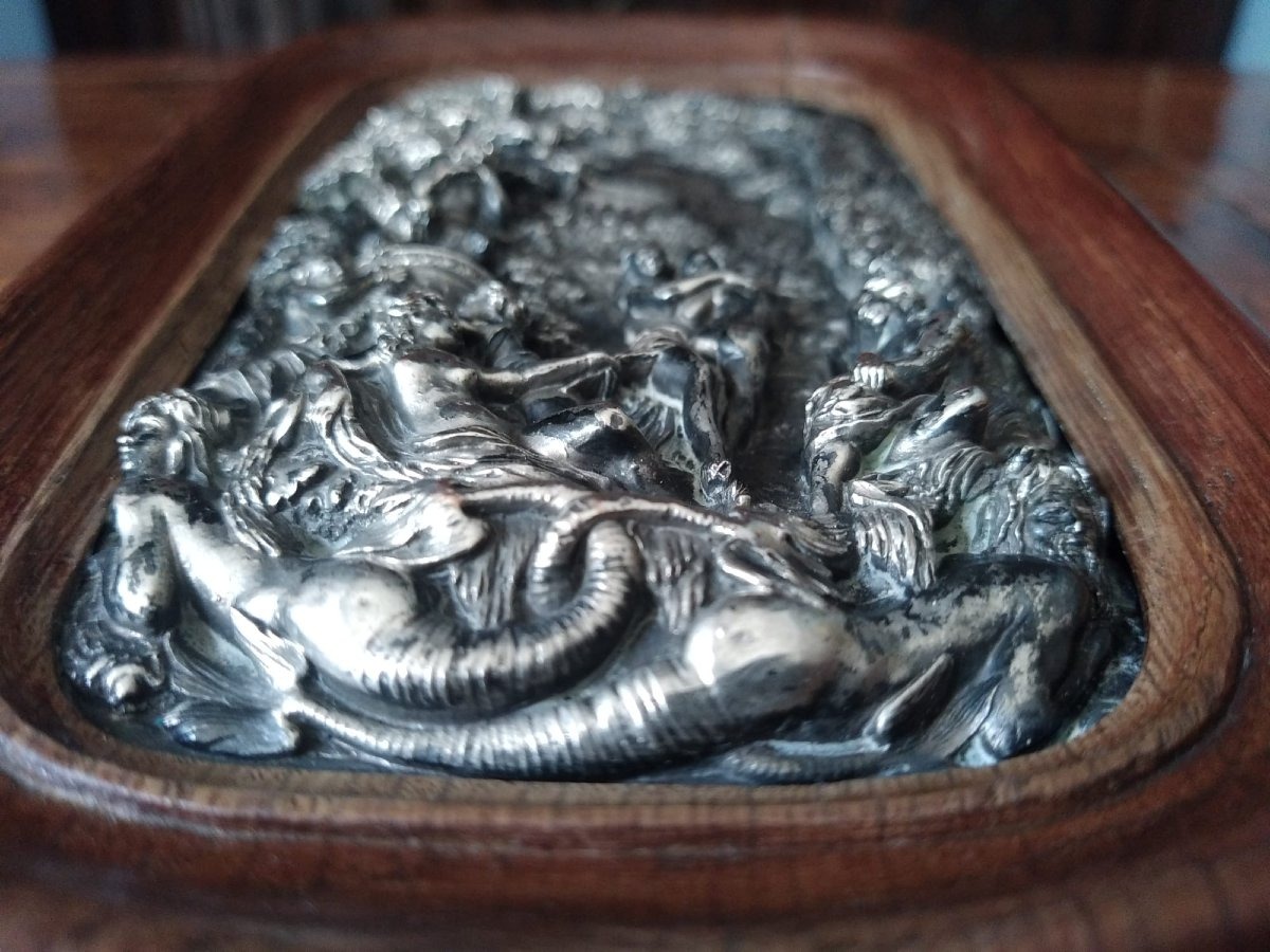 Pair Of Silver-plated Repoussé Copper Plaques, 19th Century, Oak Frame, 11 × 18 Cm-photo-3