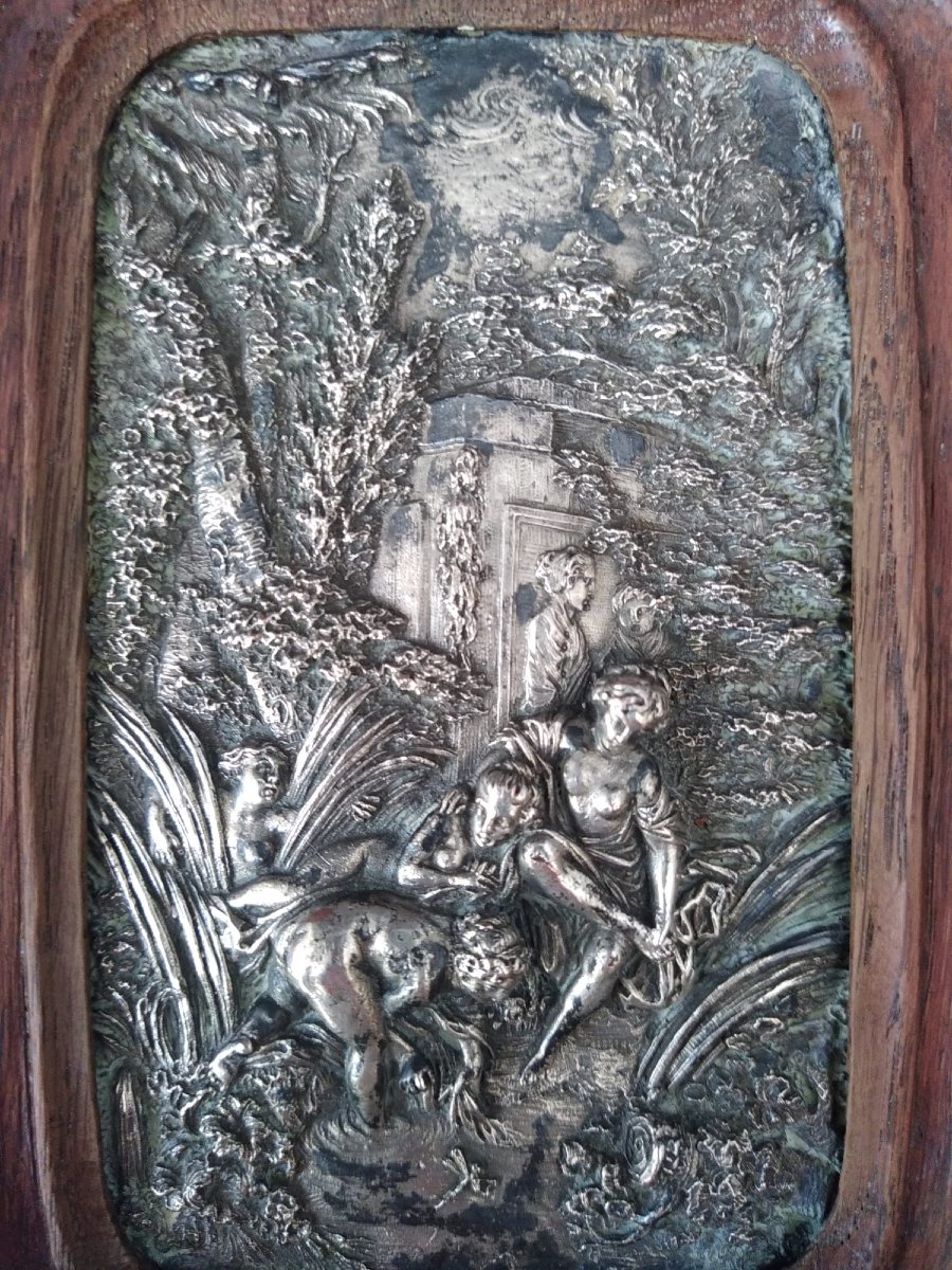 Pair Of Silver-plated Repoussé Copper Plaques, 19th Century, Oak Frame, 11 × 18 Cm-photo-4