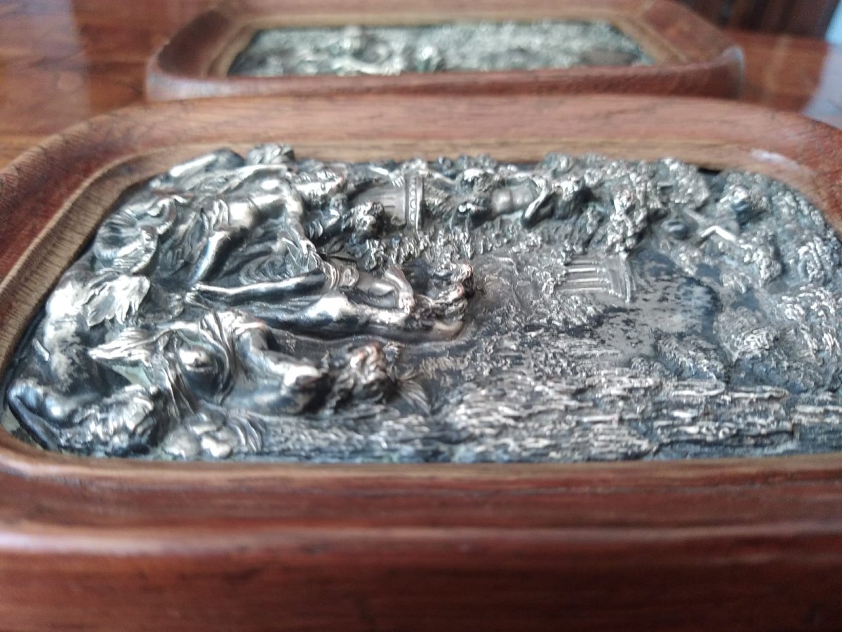 Pair Of Silver-plated Repoussé Copper Plaques, 19th Century, Oak Frame, 11 × 18 Cm-photo-2