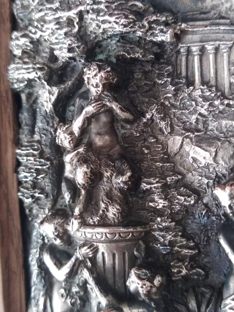 Pair Of Silver-plated Repoussé Copper Plaques, 19th Century, Oak Frame, 11 × 18 Cm-photo-3