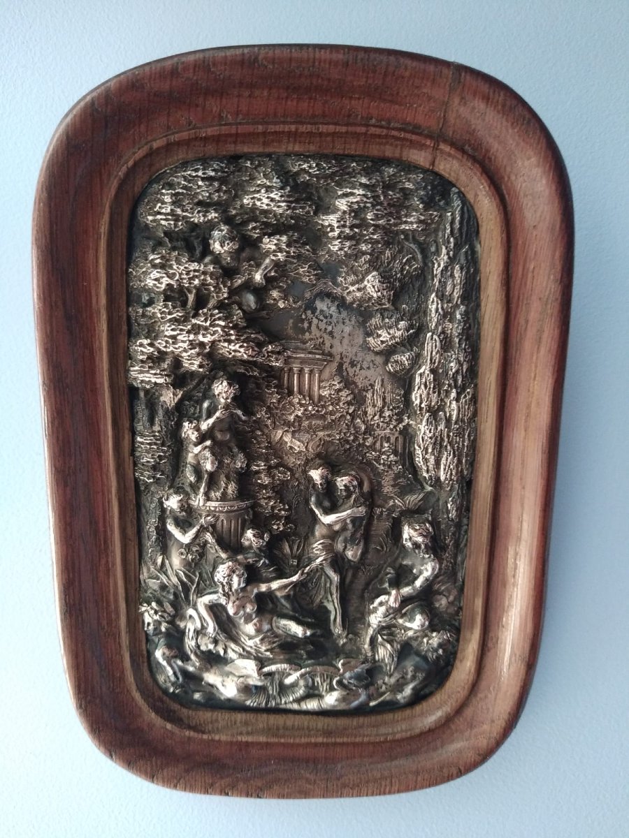 Pair Of Silver-plated Repoussé Copper Plaques, 19th Century, Oak Frame, 11 × 18 Cm-photo-4