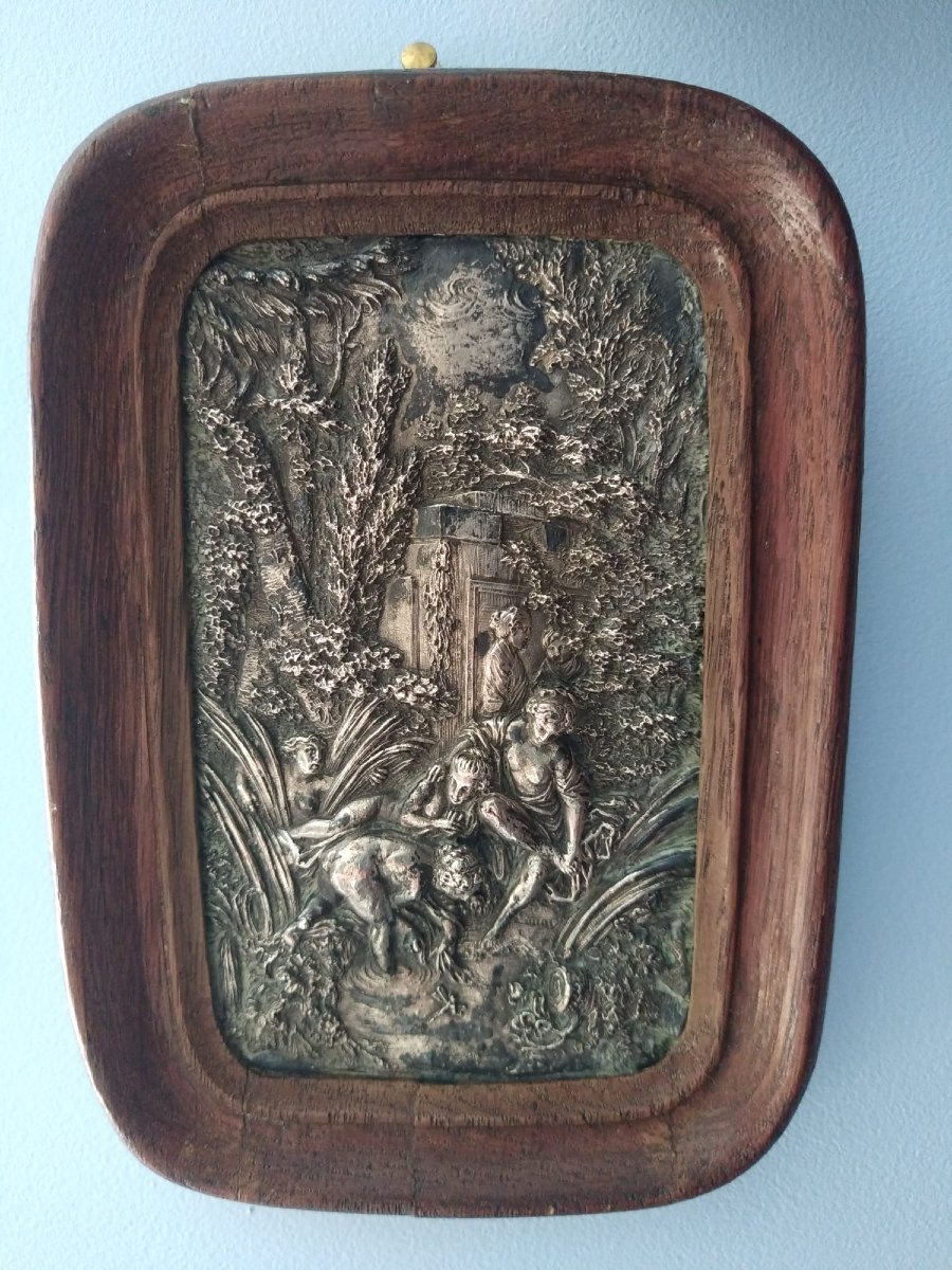 Pair Of Silver-plated Repoussé Copper Plaques, 19th Century, Oak Frame, 11 × 18 Cm-photo-5