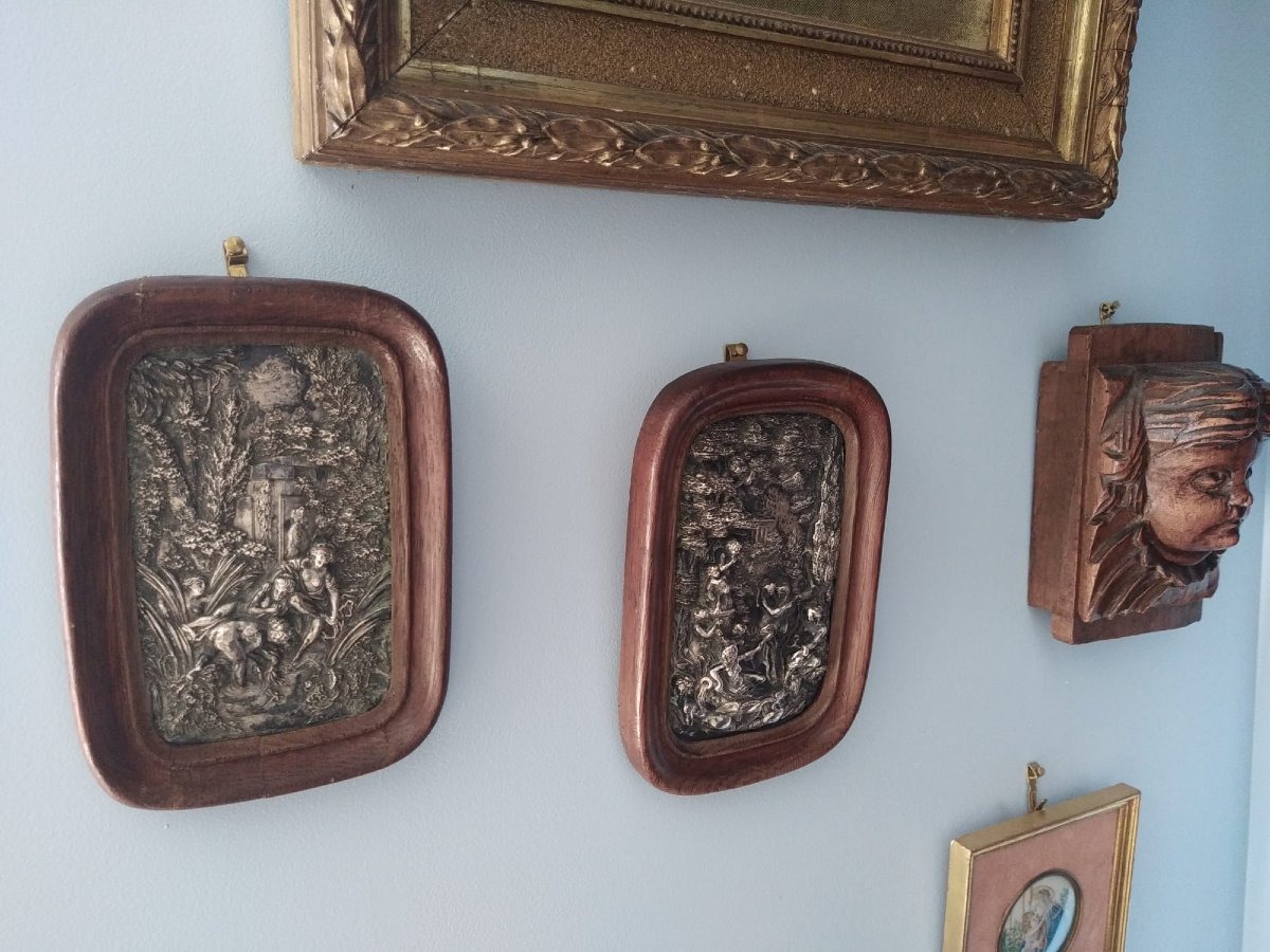 Pair Of Silver-plated Repoussé Copper Plaques, 19th Century, Oak Frame, 11 × 18 Cm-photo-6