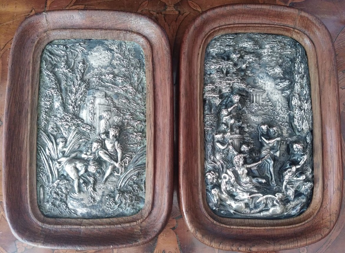Pair Of Silver-plated Repoussé Copper Plaques, 19th Century, Oak Frame, 11 × 18 Cm