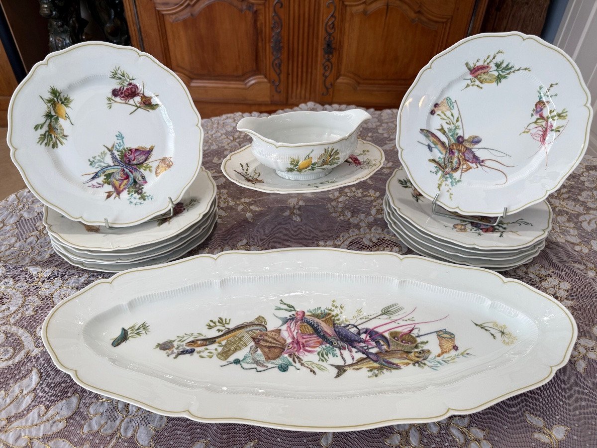 Haviland, Limoges — “calanques” Fish Dinner Service, A 14-piece Decorative Polychrome Set-photo-8