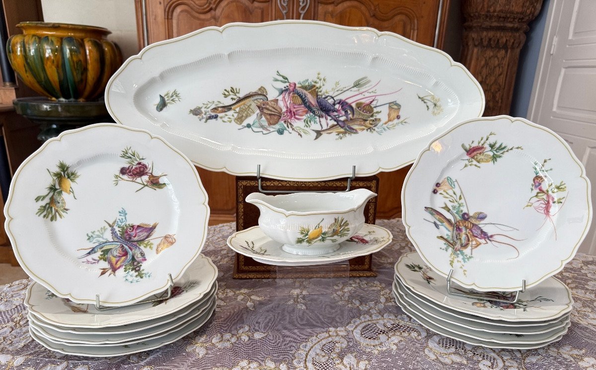 Haviland, Limoges — “calanques” Fish Dinner Service, A 14-piece Decorative Polychrome Set