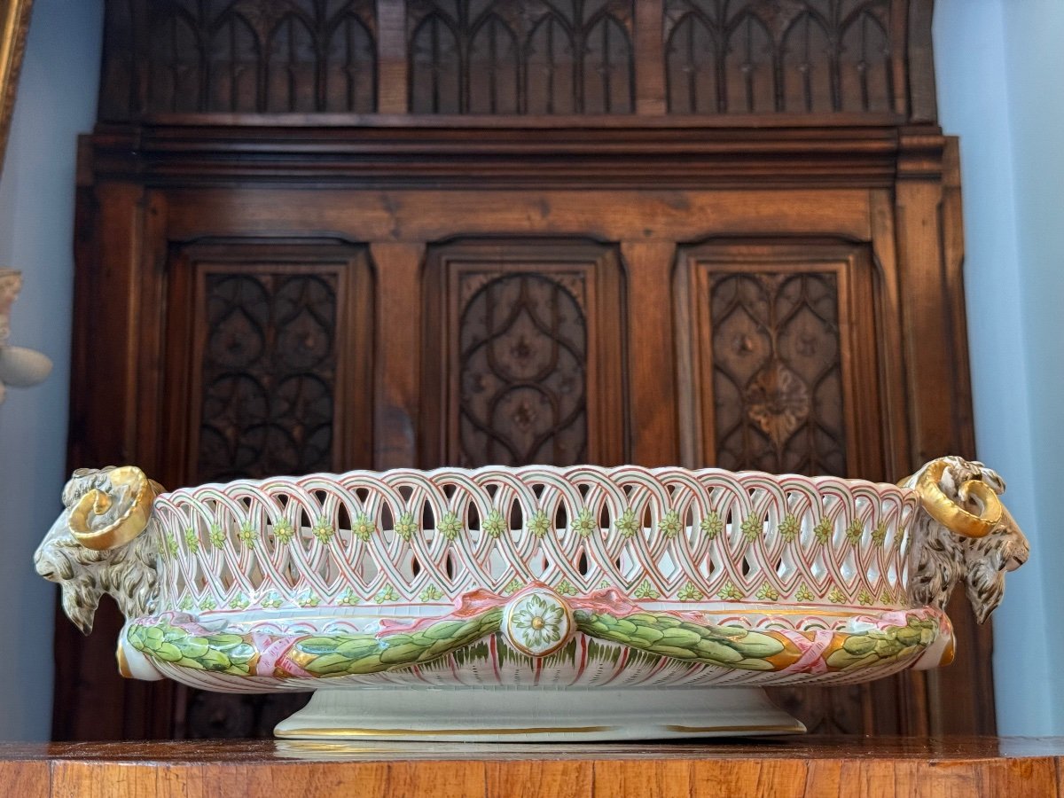 Très grande Corbeille en porcelaine fine polychrome – K&G Lunéville, XIXᵉ siècle-photo-7