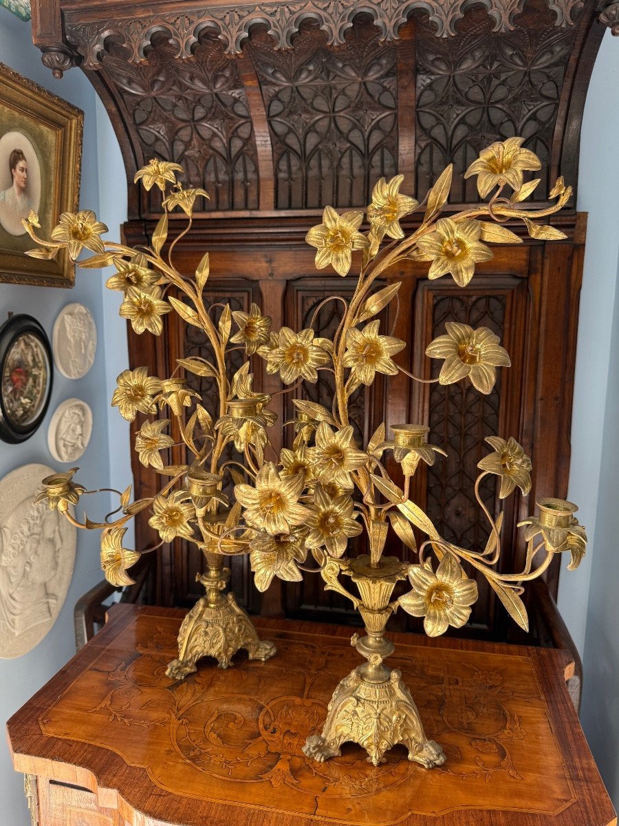 Paire de Candélabre à Bouquet, Bronze Doré Ciselé, Époque XIXe - Style Louis XVI --photo-6