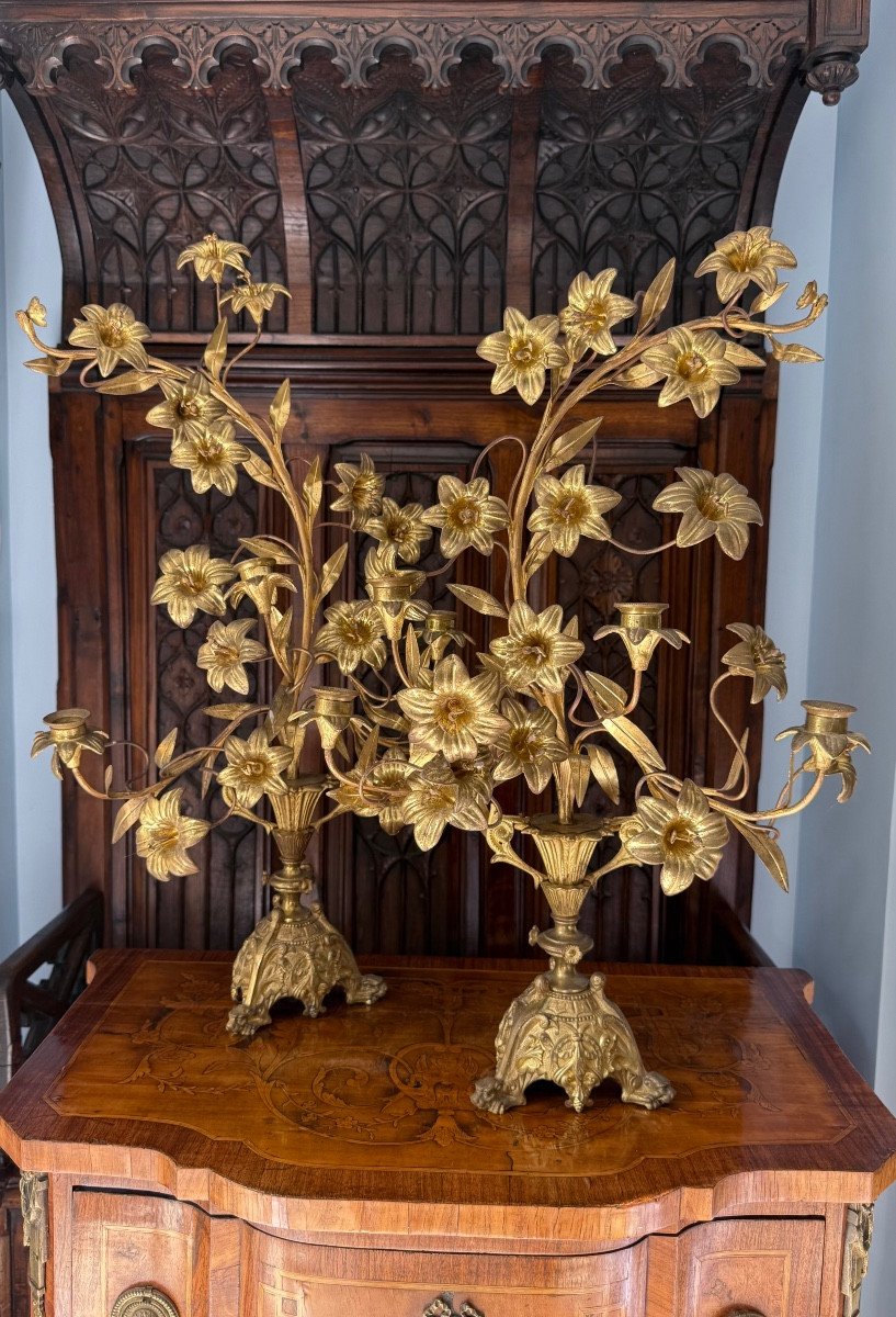 Paire de Candélabre à Bouquet, Bronze Doré Ciselé, Époque XIXe - Style Louis XVI --photo-7