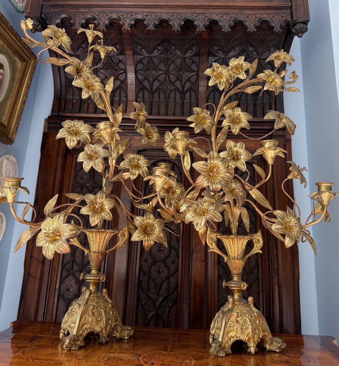 Paire de Candélabre à Bouquet, Bronze Doré Ciselé, Époque XIXe - Style Louis XVI --photo-8