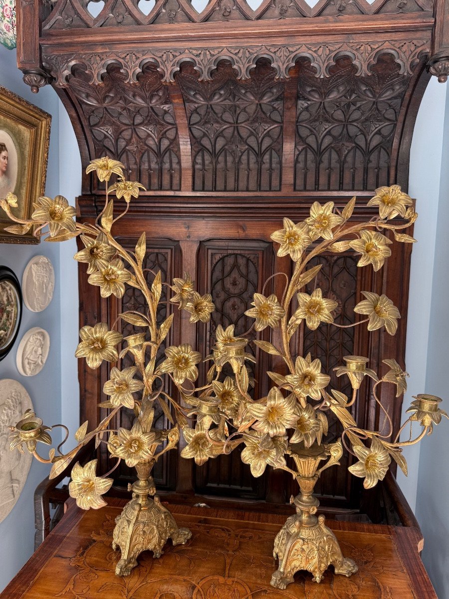 Paire de Candélabre à Bouquet, Bronze Doré Ciselé, Époque XIXe - Style Louis XVI -