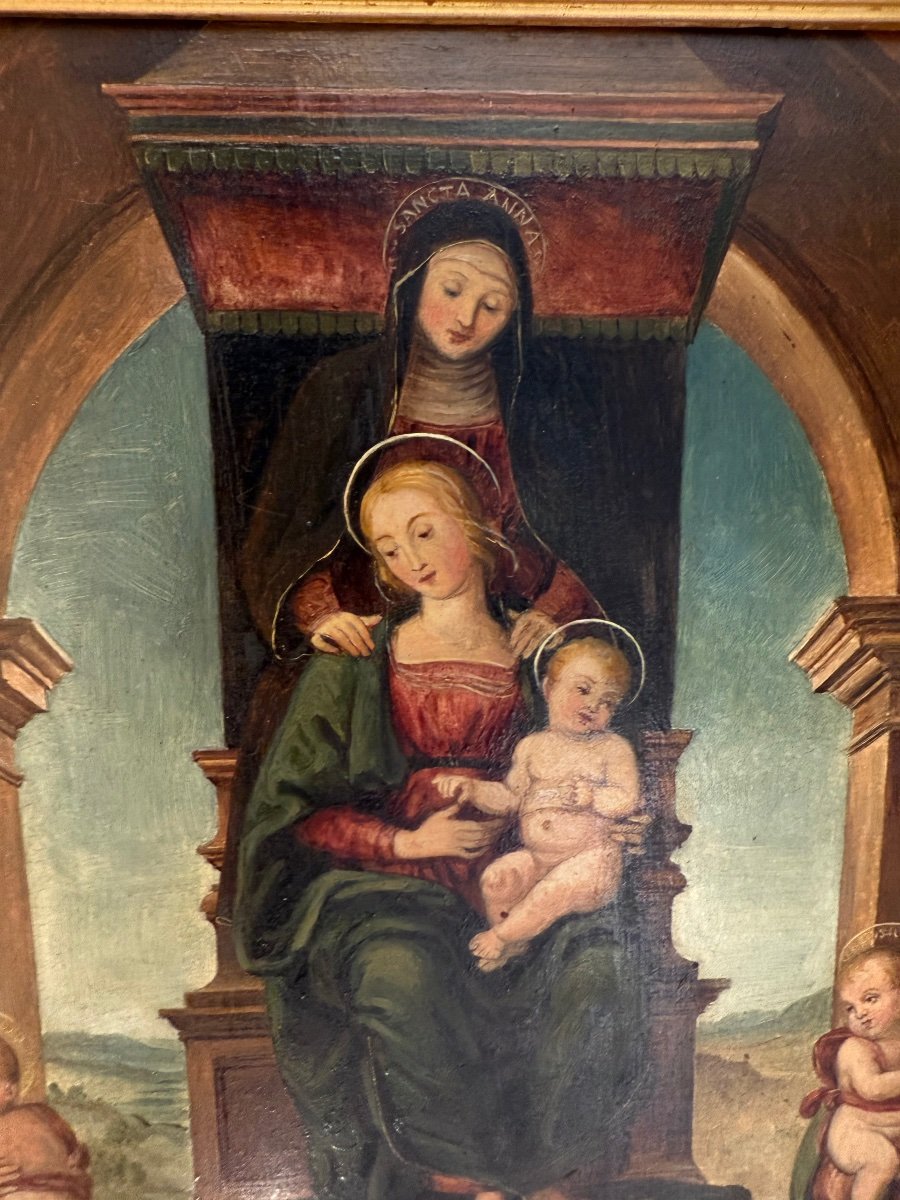 Huile sur bois XIXᵉ d’après Pérugin – « La Famille de la Vierge »-photo-1