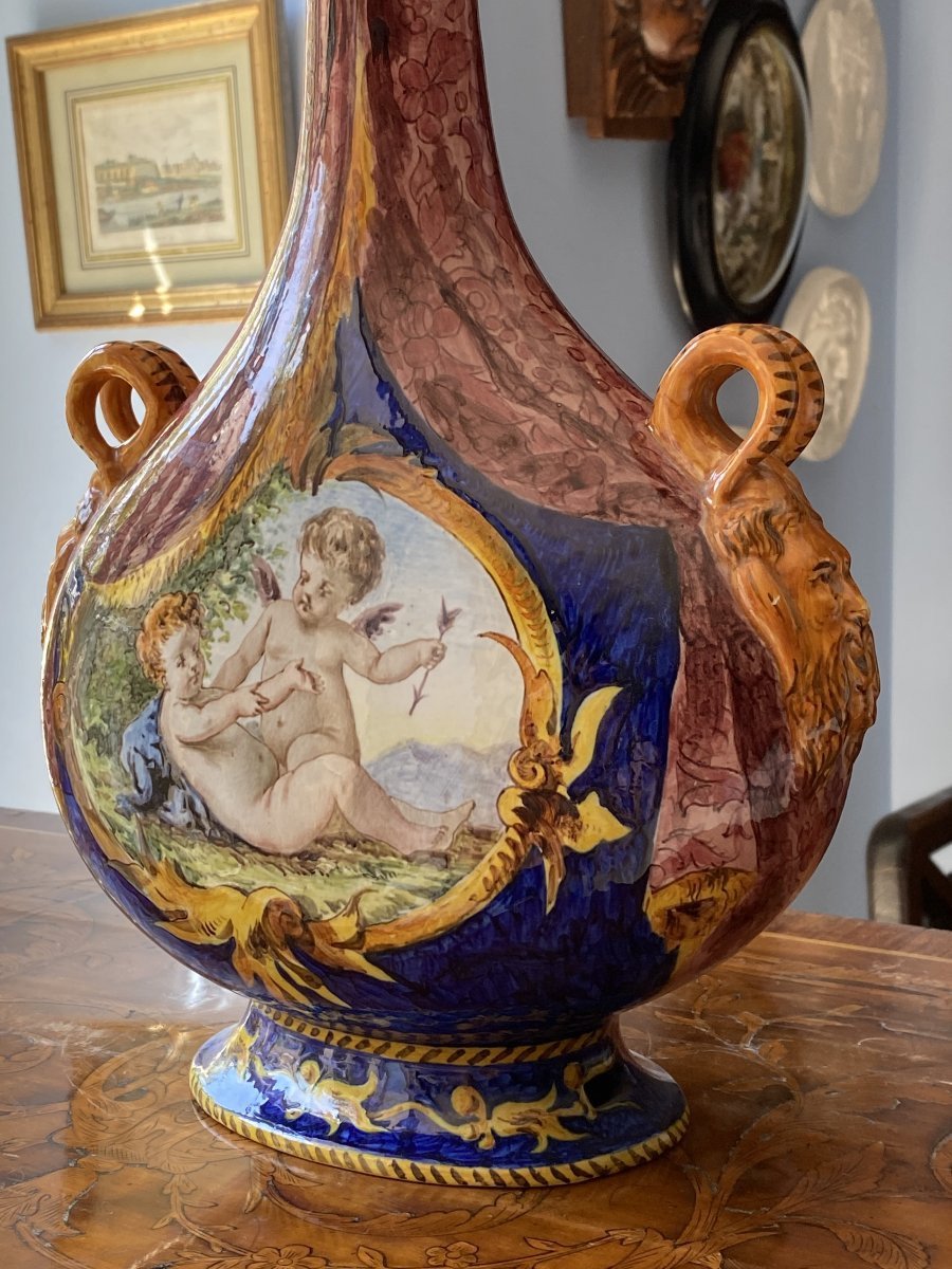 Italian Majolica Pilgrim's Flask, Hand-painted Earthenware, Signed "ginori," With Putti Decorations-photo-2