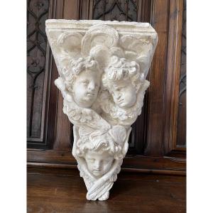 Italian Church Wall Console In Plaster Decorated With 3 Cherubs, XIXth Dated Signed