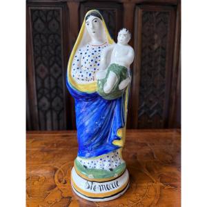 Statue Vierge à l'enfant Jésus en faïence émaillée polychrome, XIXe siècle, Quimper