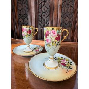 Limoges Signed Ribes - Duo Of Fine Porcelain Cups With Saucers - Rosina & Rebex