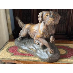 Terracotta Spaniel, Numbered 818. Signed - T. Cartier - France, Early 20th Century