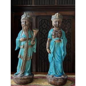 Paire de statues d’immortels en céramique émaillée, Chine- XX