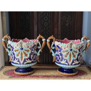 Paire de Cache‑pots Art nouveau en Barbotine, XIXè - France 