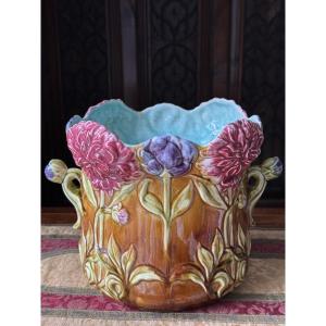 Cache-pot en barbotine en fort relief, France, XIXᵉ siècle-Onnaing