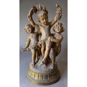 Cortège Bacchique aux Putti, Sculpture Terre Cuite Patinée, d’après Balestra, Numéroté 1396‑4