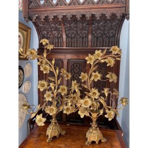 Pair Of Bouquet-style Candelabra, Chiseled Gilded Bronze, 19th Century—louis XVI Style—
