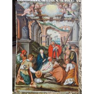 Grande huile sur cuivre Adoration des bergers 