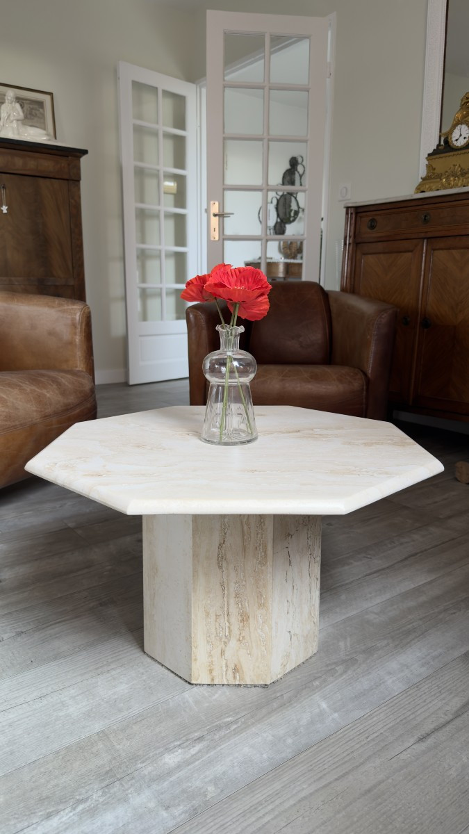 Table basse octogonale vintage en travertin – Style italien milieu du siècle – Années 1970-photo-3