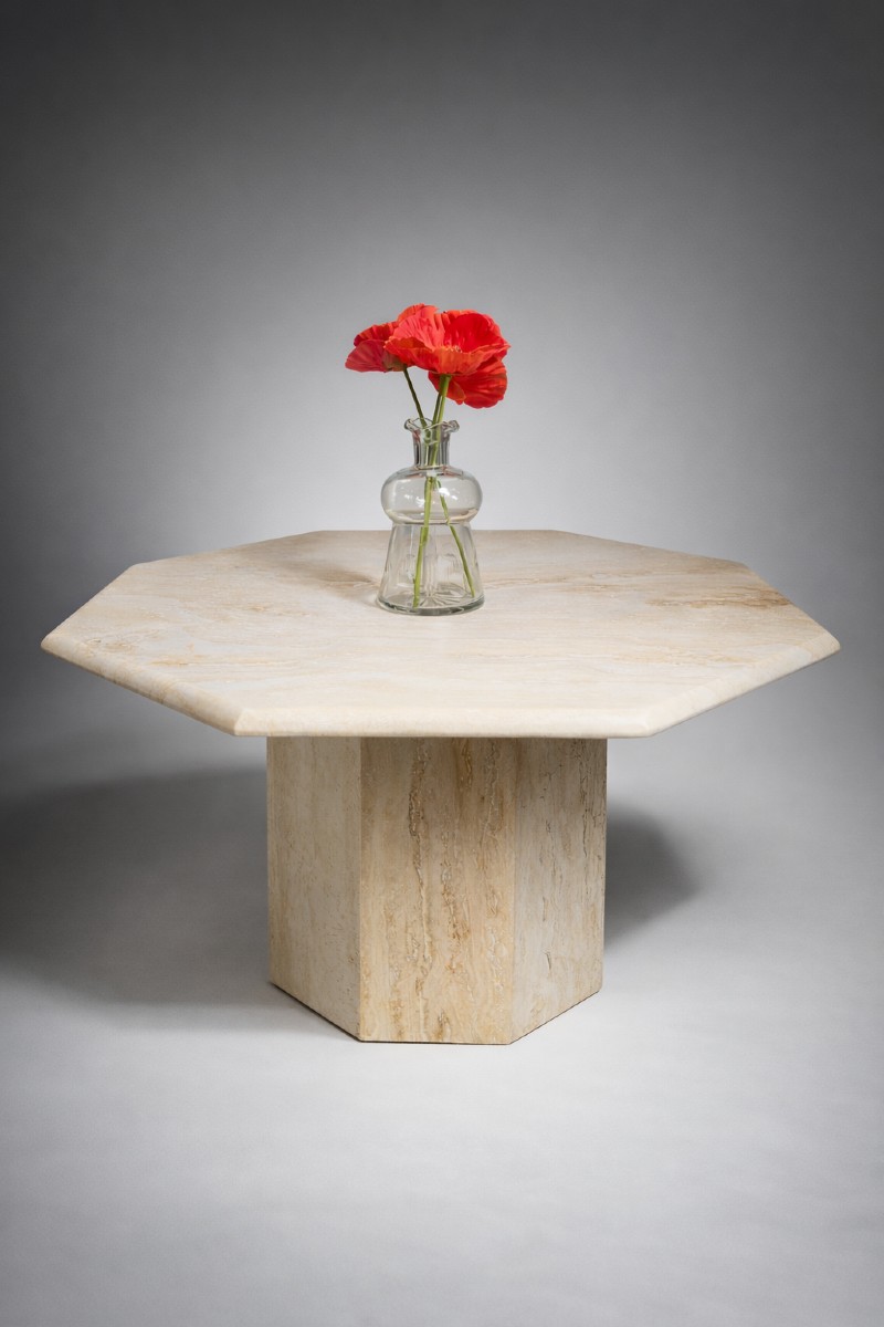 Table basse octogonale vintage en travertin – Style italien milieu du siècle – Années 1970