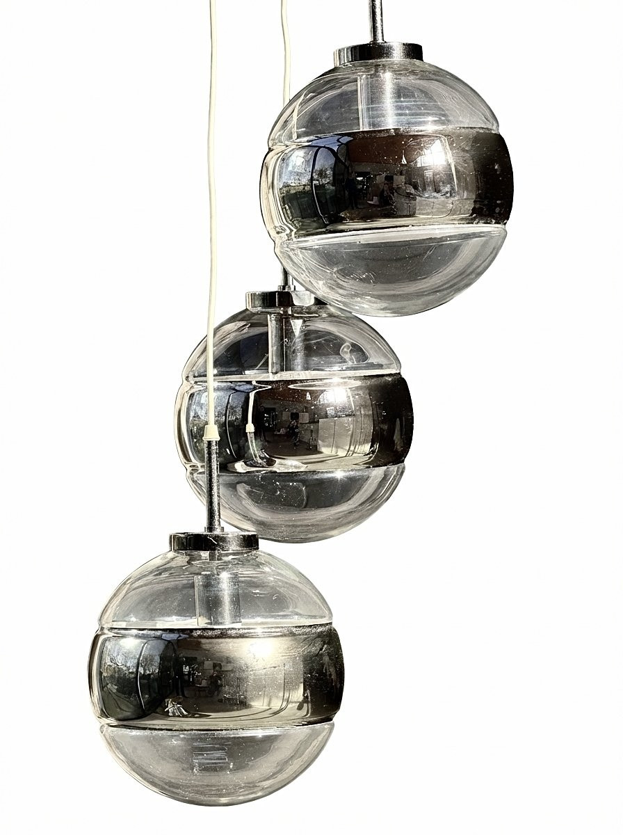 Cascade Space Age 3 Globe Chrome Pendant Light, 1970s - Peill & Putzler-photo-2