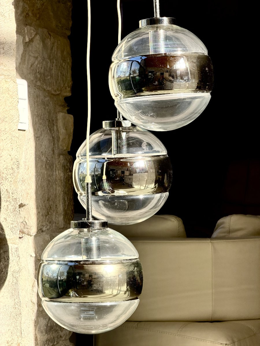 Cascade Space Age 3 Globe Chrome Pendant Light, 1970s - Peill & Putzler-photo-4