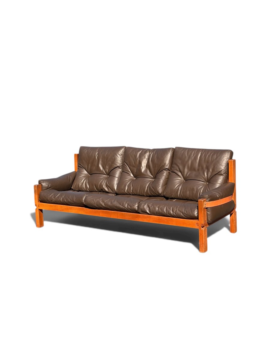 Ensemble de Salon Pierre Chapo : Canapé S32 & Fauteuil S15 (Orme Massif et Cuir, c. 1960)-photo-3