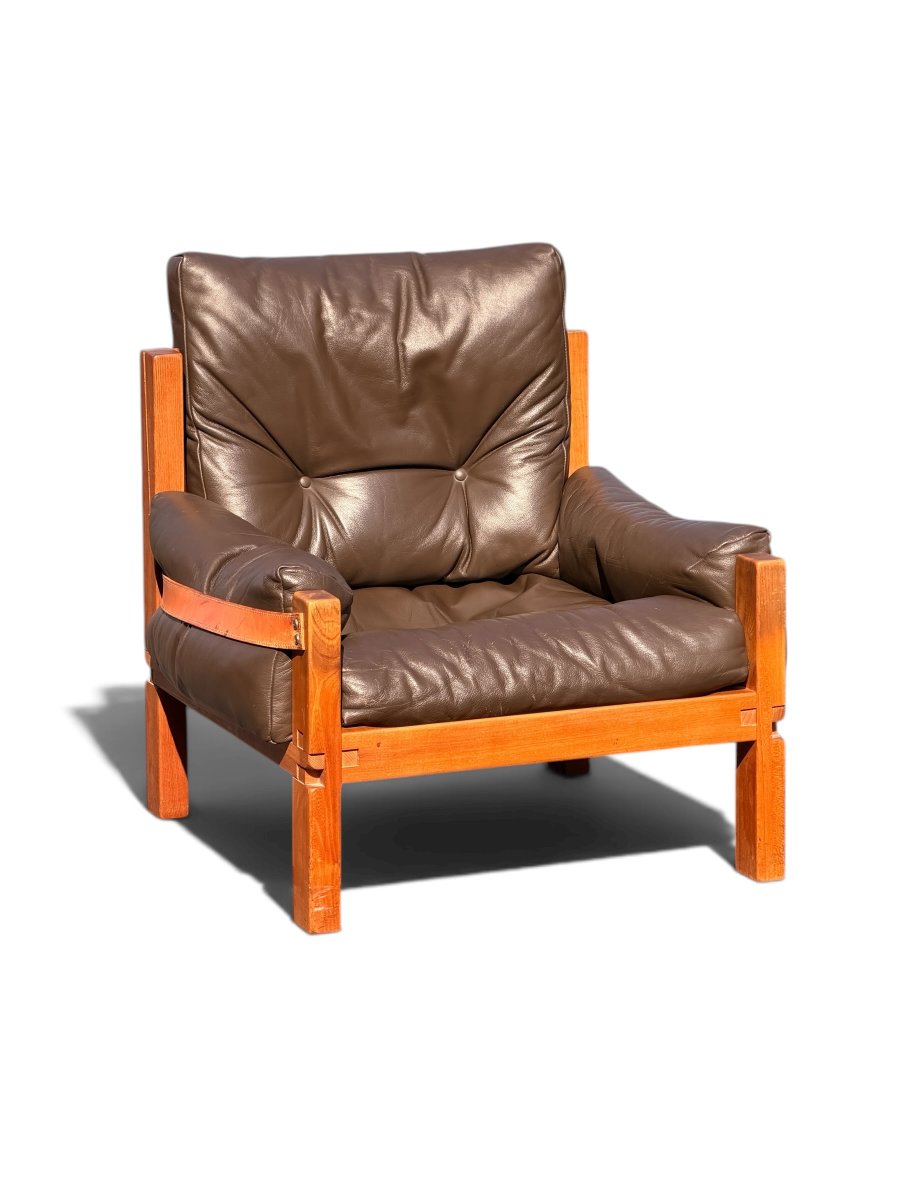 Ensemble de Salon Pierre Chapo : Canapé S32 & Fauteuil S15 (Orme Massif et Cuir, c. 1960)-photo-4
