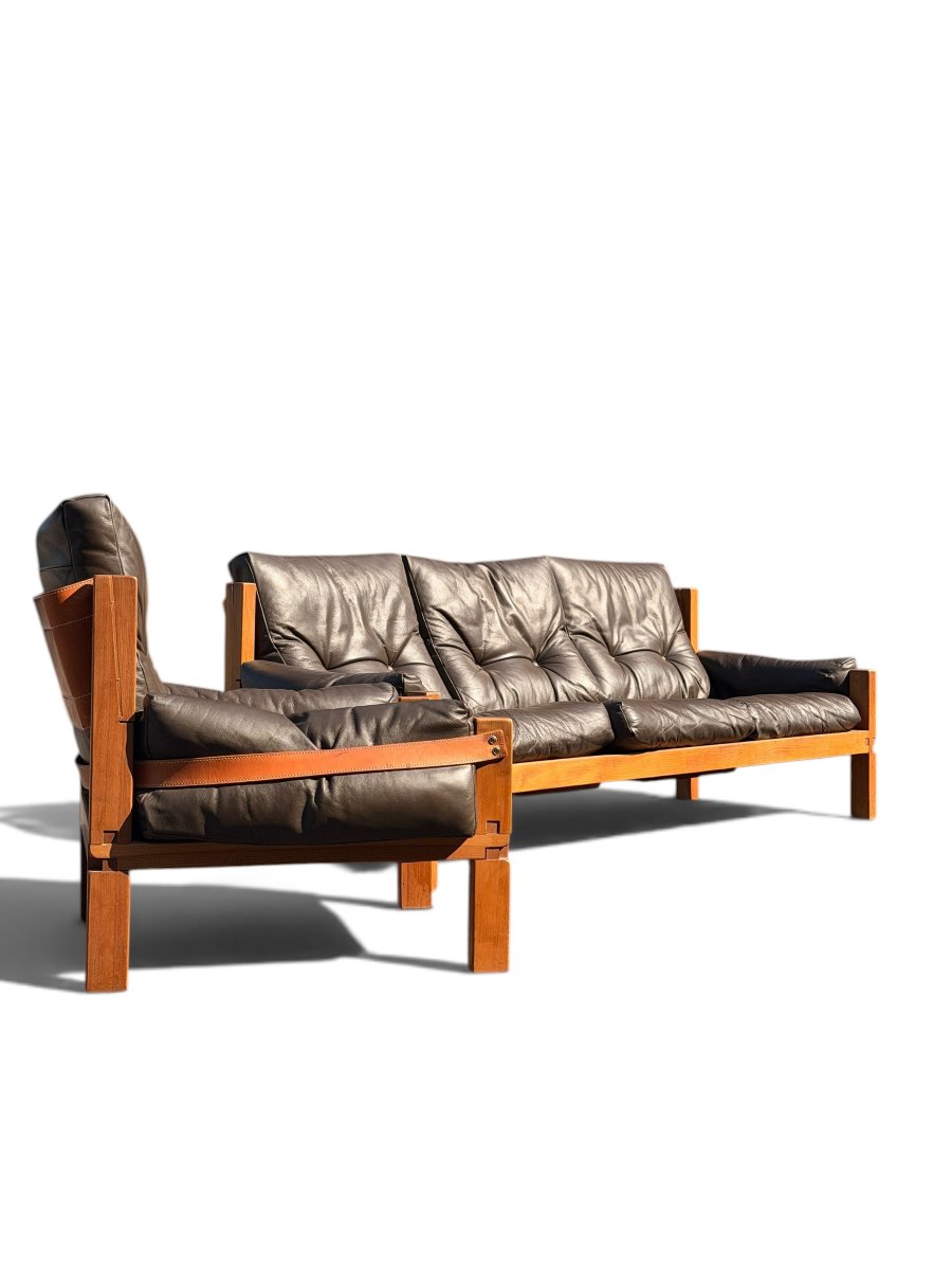 Ensemble de Salon Pierre Chapo : Canapé S32 & Fauteuil S15 (Orme Massif et Cuir, c. 1960)-photo-1