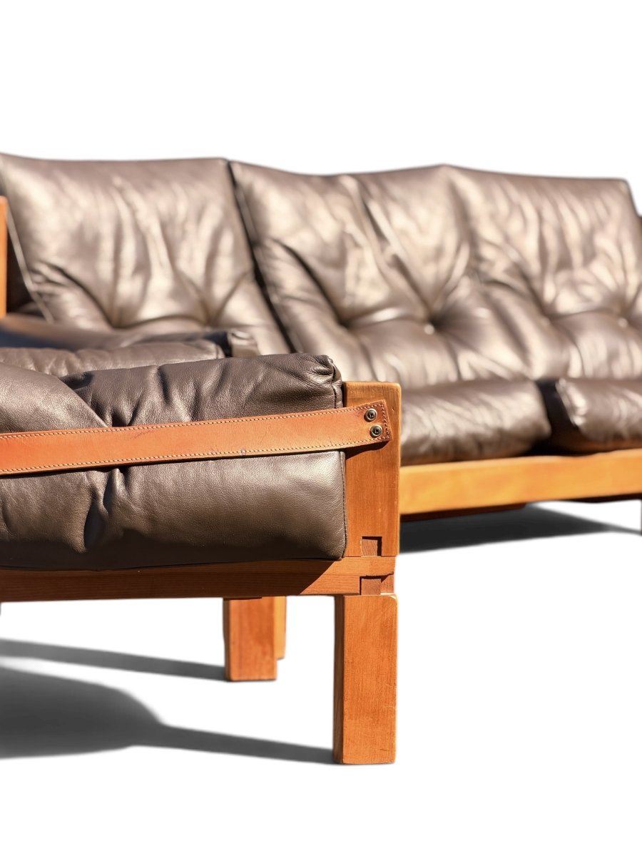 Ensemble de Salon Pierre Chapo : Canapé S32 & Fauteuil S15 (Orme Massif et Cuir, c. 1960)-photo-2